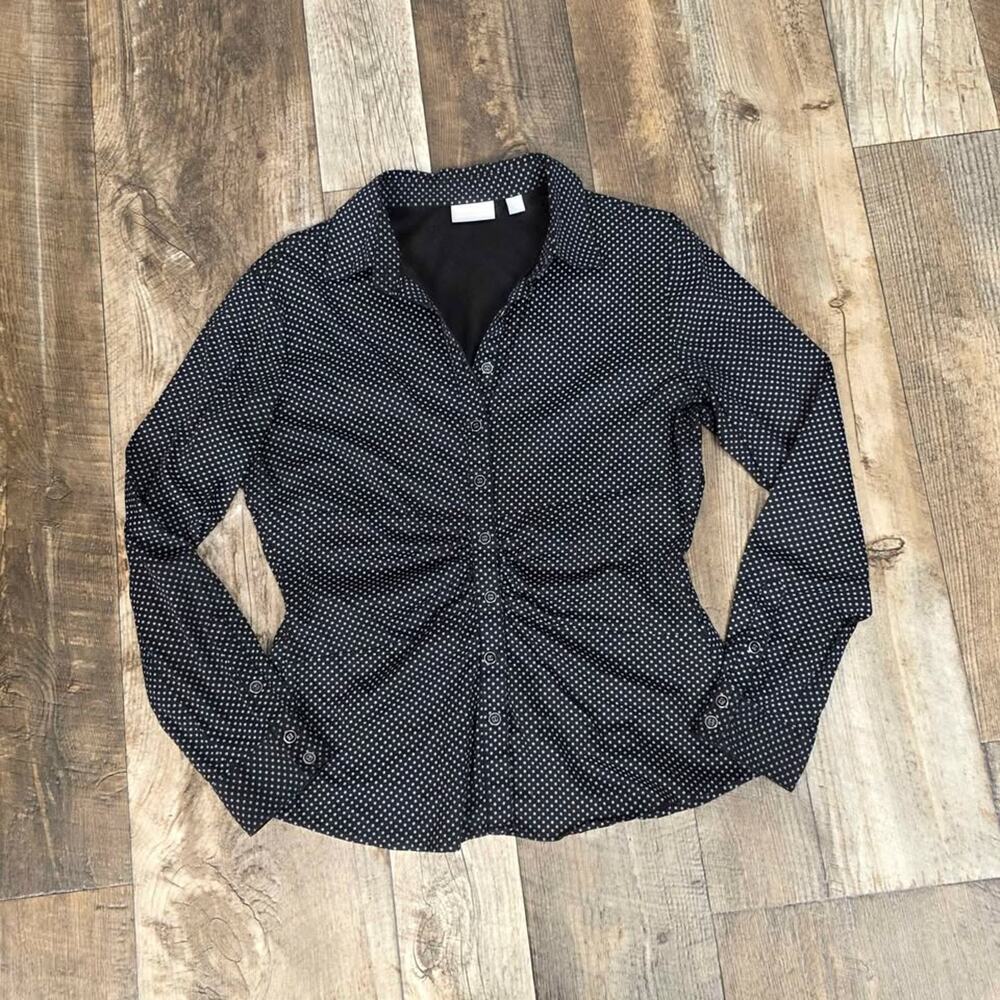 Y2K Ruched Fitted Blouse Black Micro Dot Button Up Size Large Office Siren - Picture 3 of 10